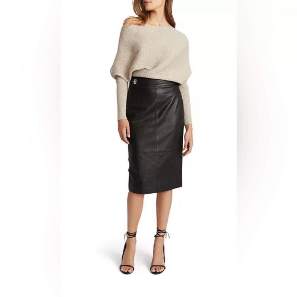 NWT Reiss Kali Leather Midi Skirt in Black  (US 10)